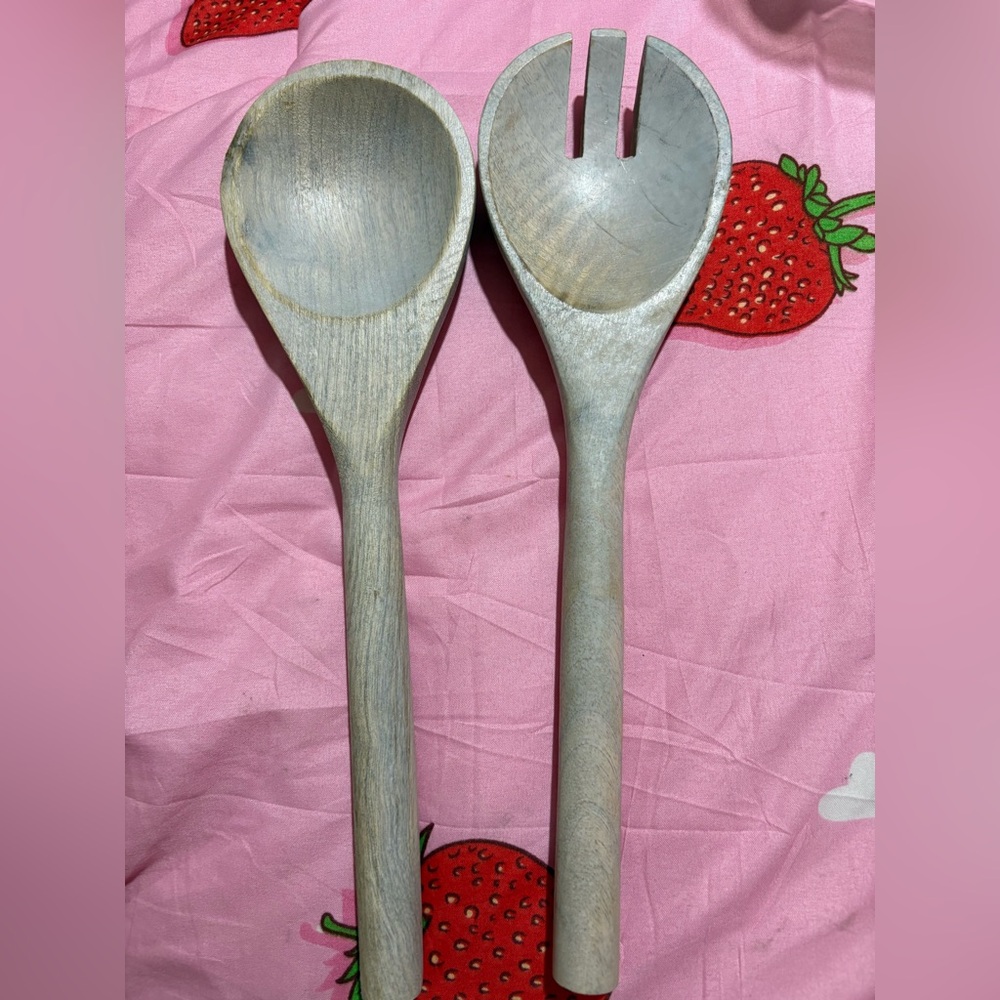 Wooden Salad Serving Spoon and Fork Set - Gray Wood Finish